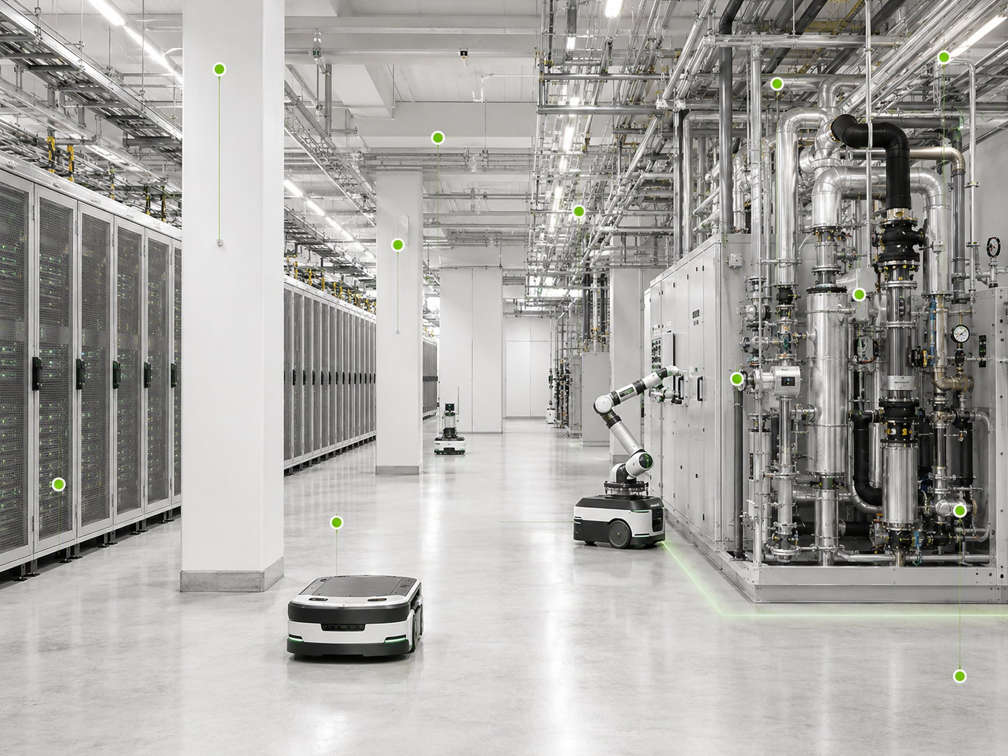 Data center hall with mobile robots and measurement points