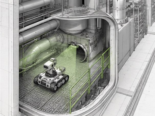 Hazardous defense facility tunnel inspected by a tracked robot, isometric sketch
